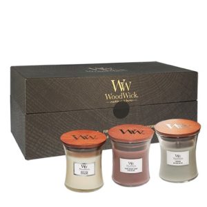 Darčeková sada Woodwick Fireside, White Teak, Stone Washed Suede 3 x 85 g
