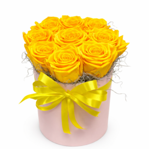 Box stabilizovaných ruží 9 ks – žlté ruže v elegantnom boxe