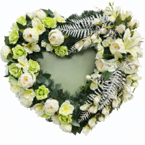 Umelý smútočný veniec srdce bielo-zelené
