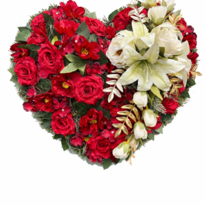 Umelý smútočný veniec srdce červeno-biele s ľaliou